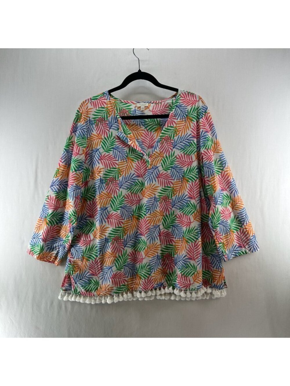 Talbots Palm Leaf Tassel Top Women L Petite Pom Pom V-Neck 3/4 Sleeve Multicolor